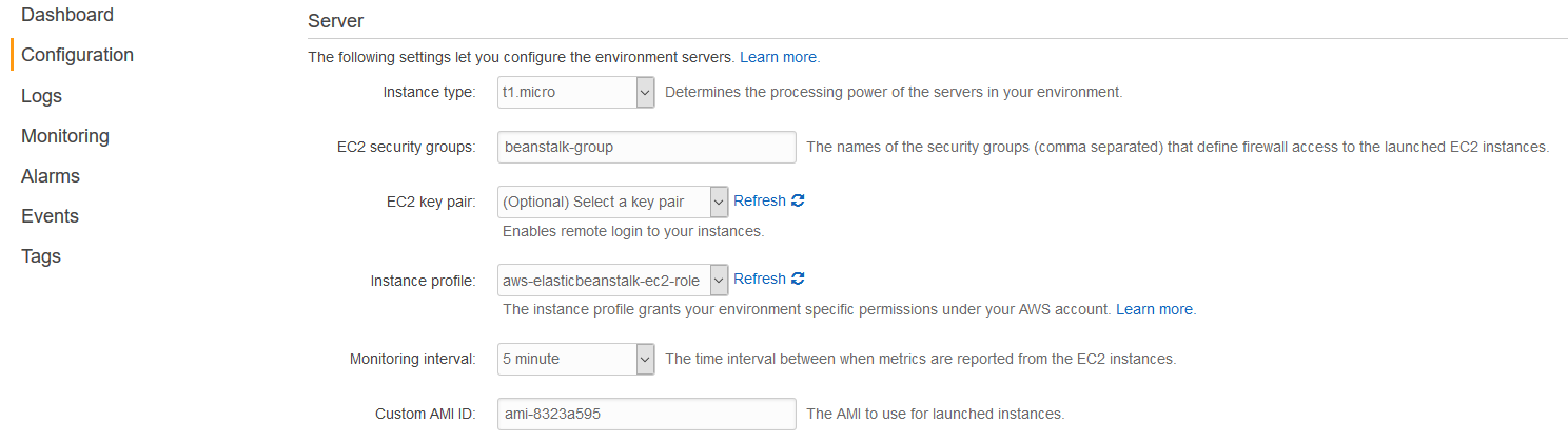 Elastic Beanstalk configuration page